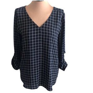 Loft Blue Plaid Navy White Top Blouse Long Sleeve V Neck Sz M
